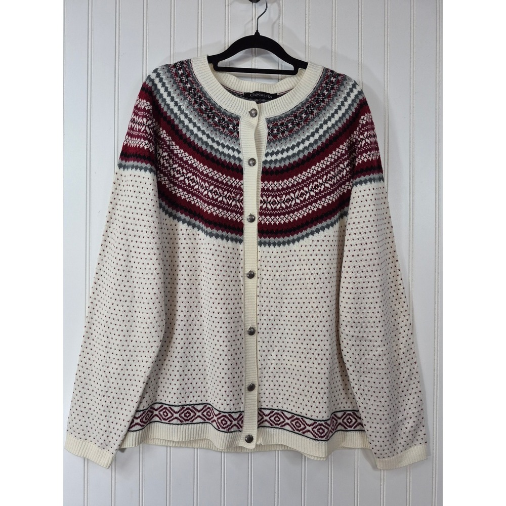 Chadwicks Womens XL Fair Isle Cardigan Sweater Cream Burgundy Button Front Knit